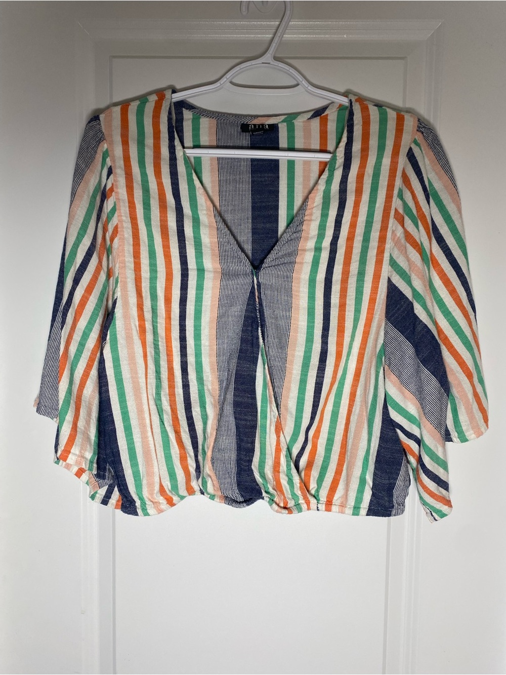 a.n.a Striped Wrap Front Crop Top V-Neck Blouse Multicolor